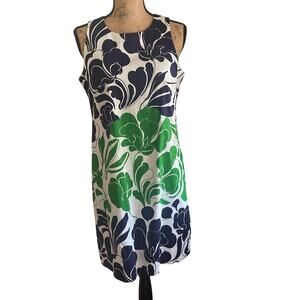London Times Blue White & Green Floral Sheath Dress Size 8 Midi Boho Coastal